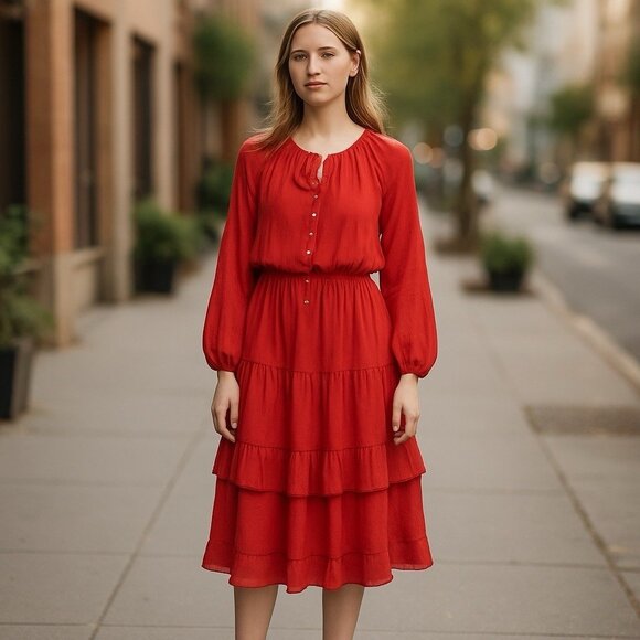 Anthropologie Dress Size Small Red Boho Western Sunday in Brooklyn Tiered Ruffle - Picture 1 of 8